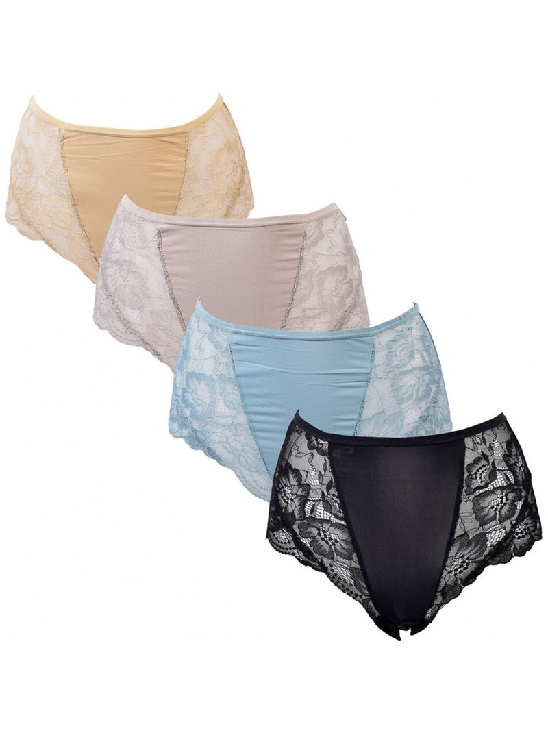 Culotte Microfibre TRESS Dentelle - Pack de 4 Bleu Beige Noir - Kiabi