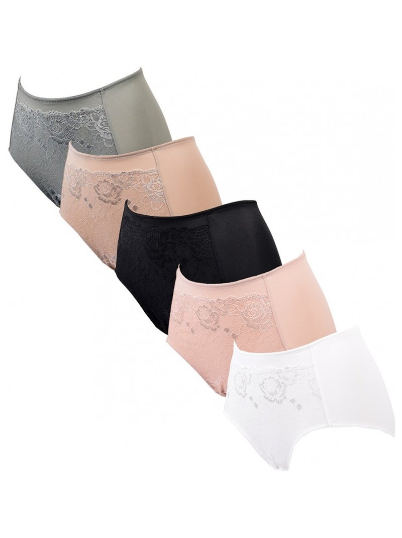 Culotte Microfibre TRESS Dentelle - Pack de 5 Gris Beige Blanc - Kiabi