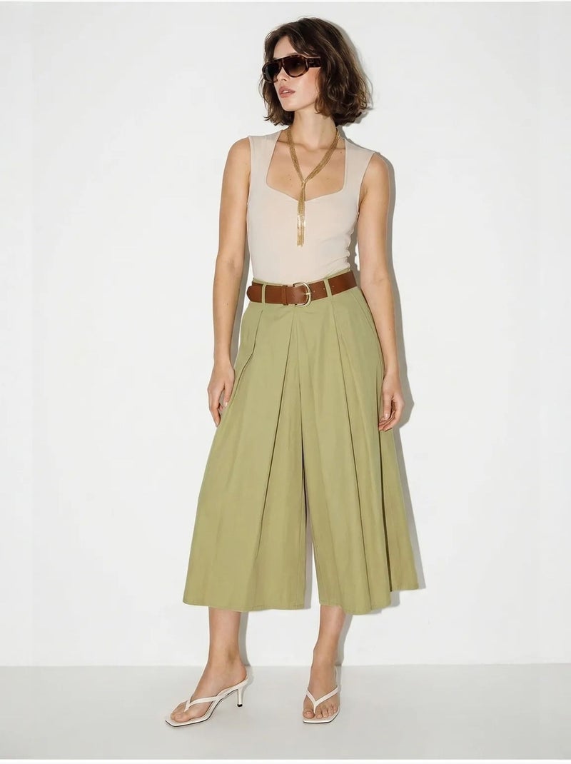 Culotte plissée à jambe large et taille haute lucci Kaki - Kiabi