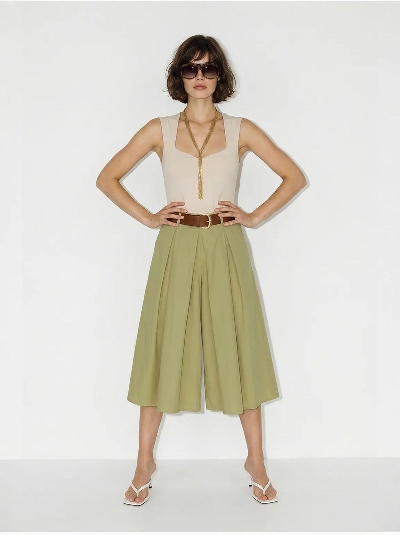 Culotte plissée à jambe large et taille haute lucci Kaki - Kiabi