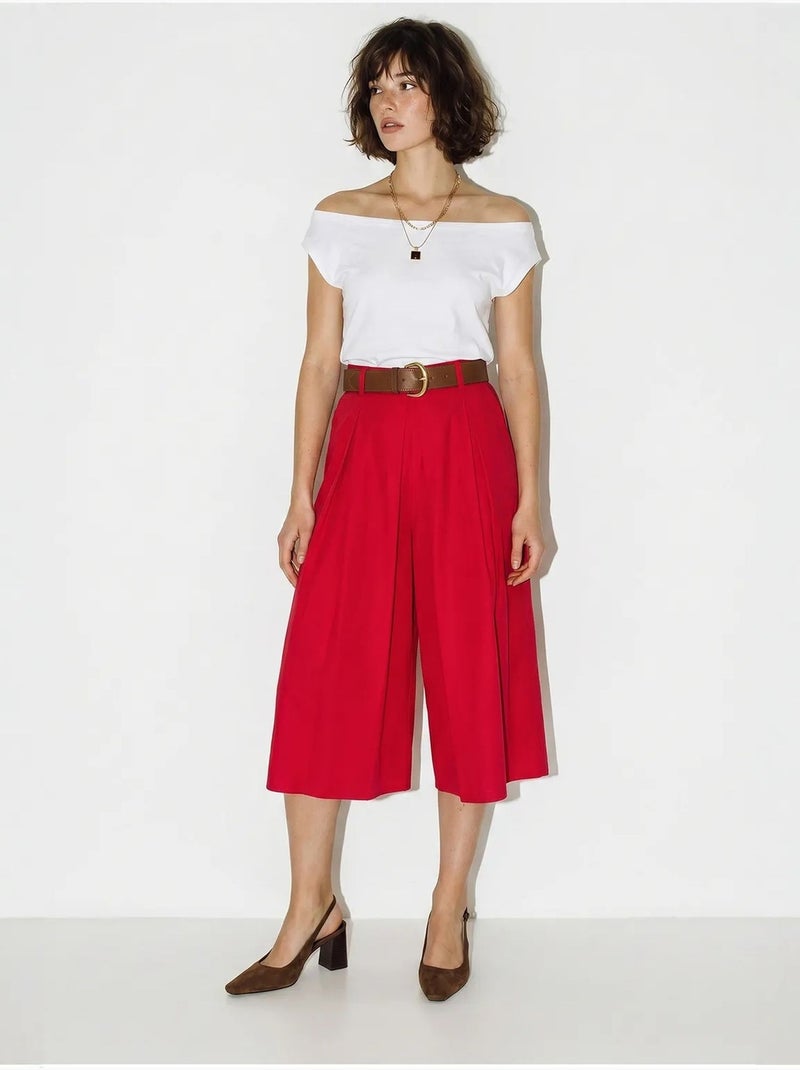 Culotte plissée à jambe large et taille haute lucci Rouge - Kiabi
