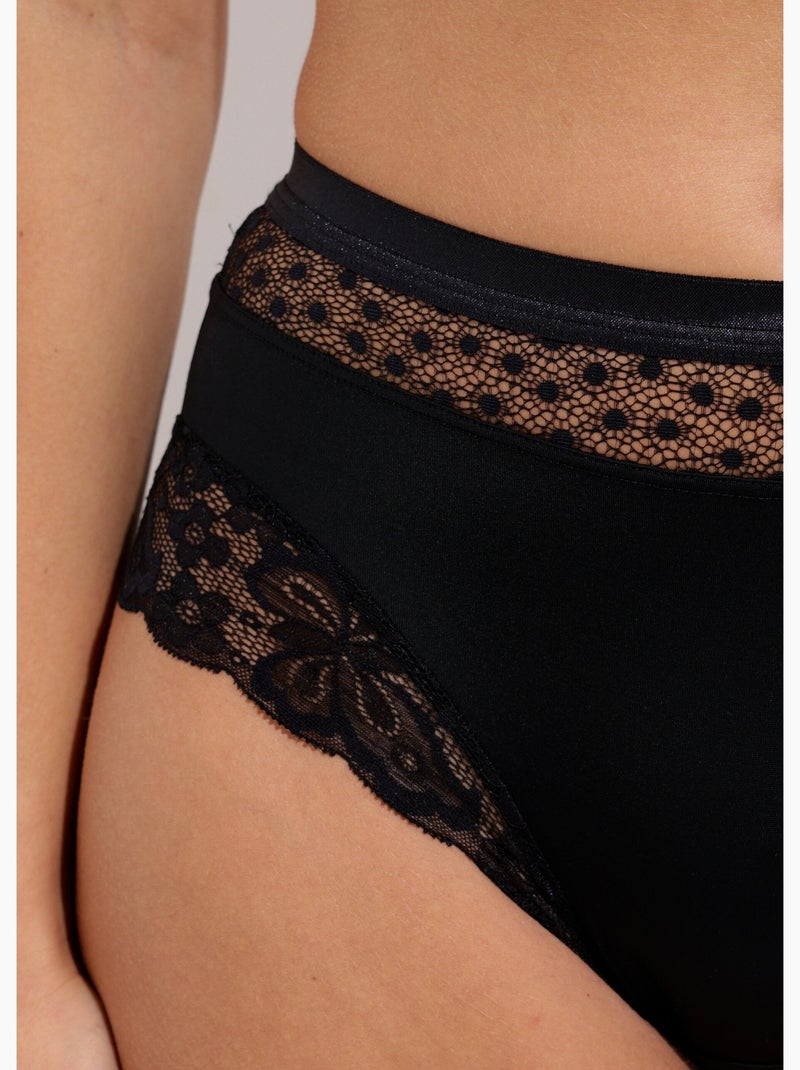 Culotte taille haute maille satinée et dentelle - Afibel Noir - Kiabi