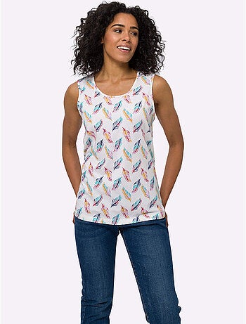 Débardeur à encolure ronde avec motif plumes et finitions soignées - Taille standard - Moda Vilona