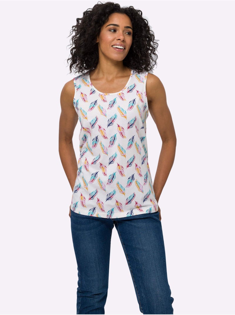 Débardeur à encolure ronde avec motif plumes et finitions soignées - Taille standard - Moda Vilona Ecru - Kiabi