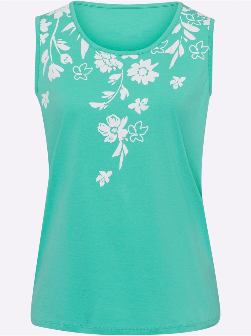 Débardeur à encolure ronde avec motifs floraux embroiderés - Taille standard - Moda Vilona Bleu Vert Blanc - Kiabi