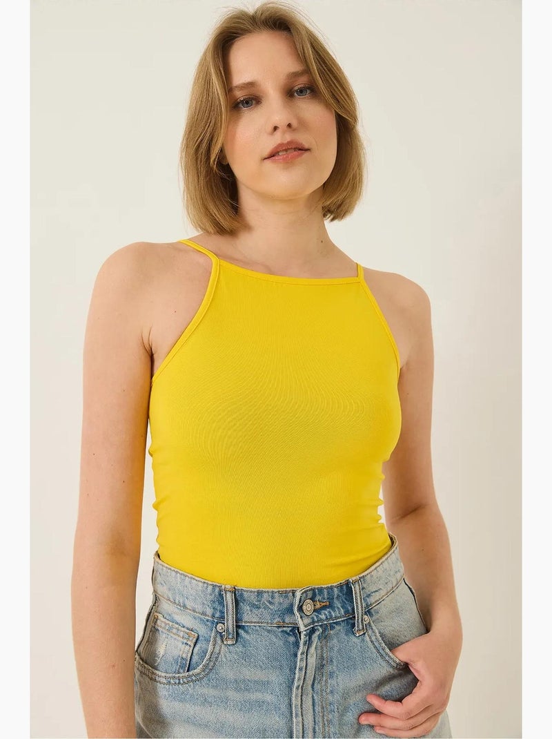 Débardeur ajusté col américain en coton mélangé lucci Jaune citron - Kiabi