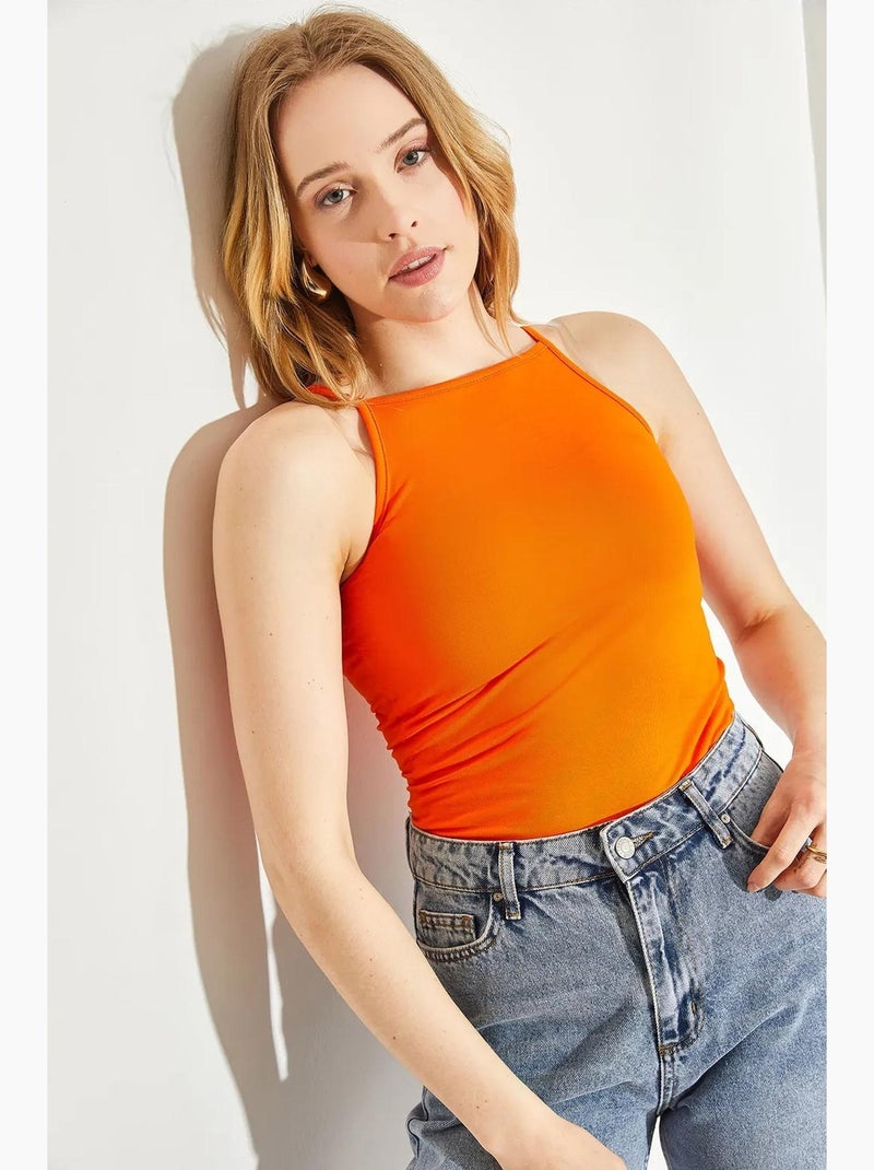 Débardeur ajusté col américain en coton mélangé lucci Orange mandarine - Kiabi