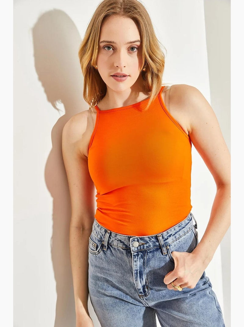 Débardeur ajusté col américain en coton mélangé lucci Orange mandarine - Kiabi