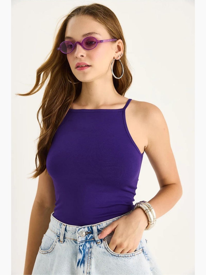 Débardeur ajusté col américain en coton mélangé lucci Violet aubergine - Kiabi