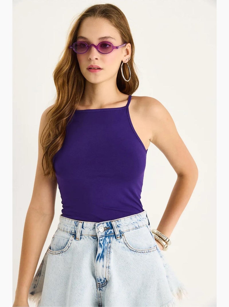 Débardeur ajusté col américain en coton mélangé lucci Violet aubergine - Kiabi