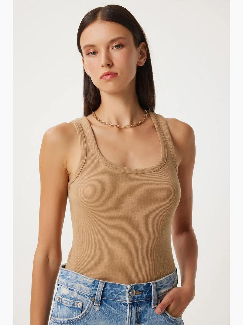 Débardeur ajusté en coton à col en u istanbul Beige clair - Kiabi