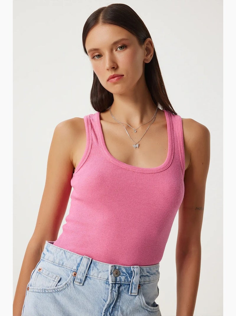 Débardeur ajusté en coton à col en u istanbul Rose fluo/Solinotes - Kiabi
