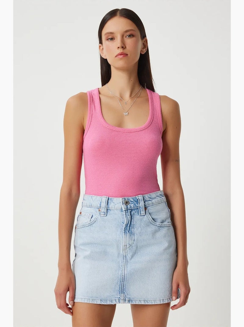 Débardeur ajusté en coton à col en u istanbul Rose fluo/Solinotes - Kiabi