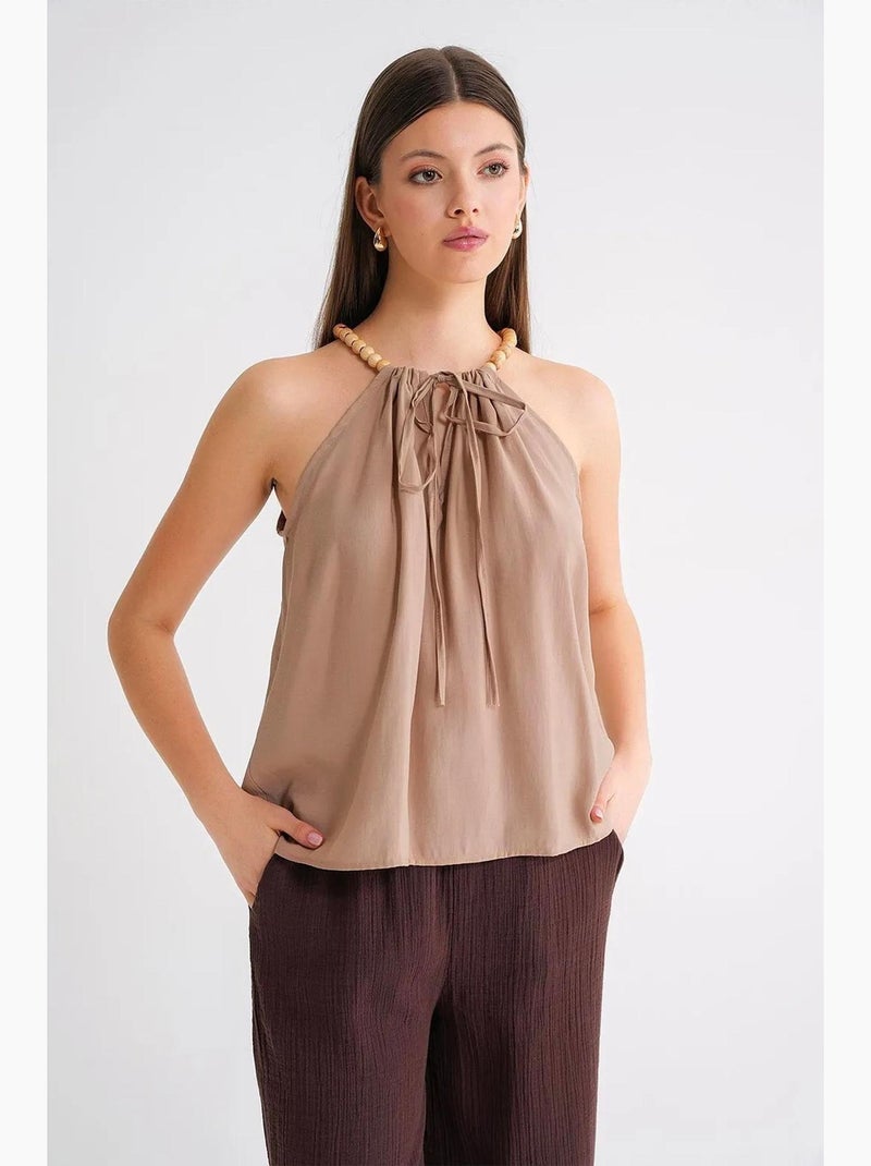 Débardeur col halter tissé bretelles perles mixray Camel - Kiabi
