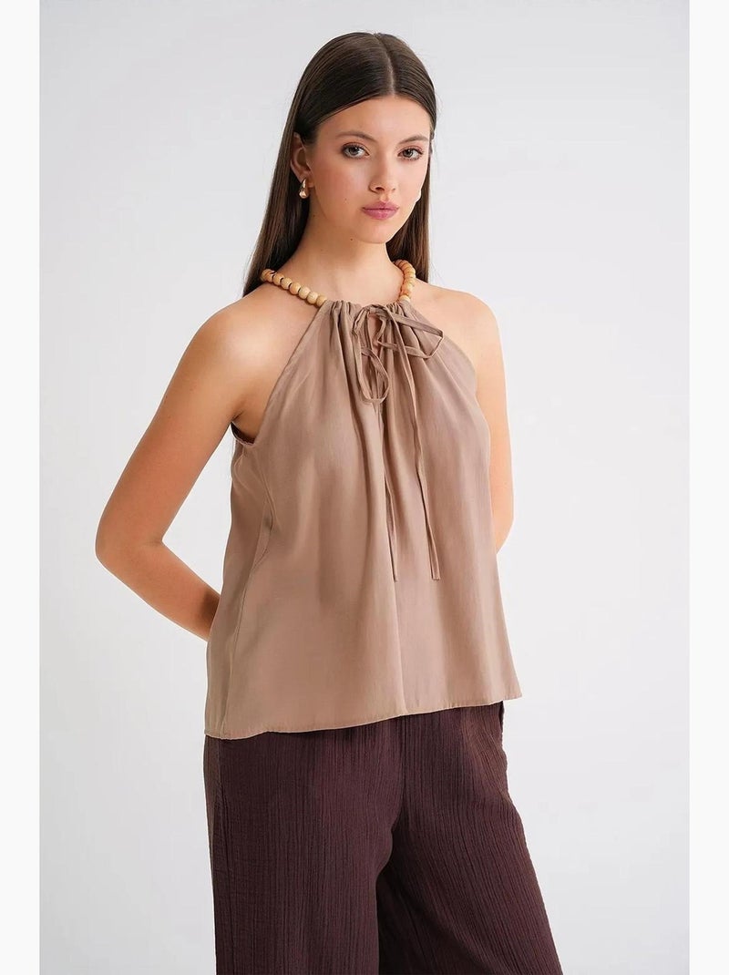 Débardeur col halter tissé bretelles perles mixray Camel - Kiabi
