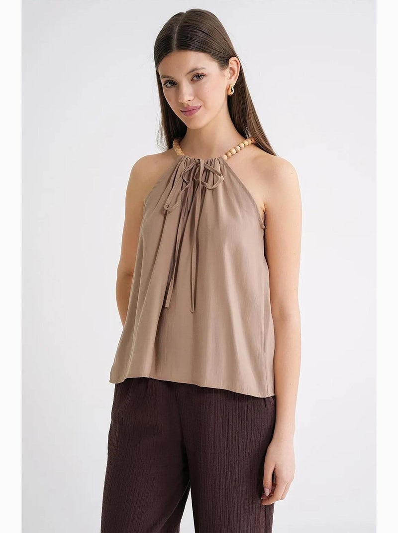 Débardeur col halter tissé bretelles perles mixray Camel - Kiabi