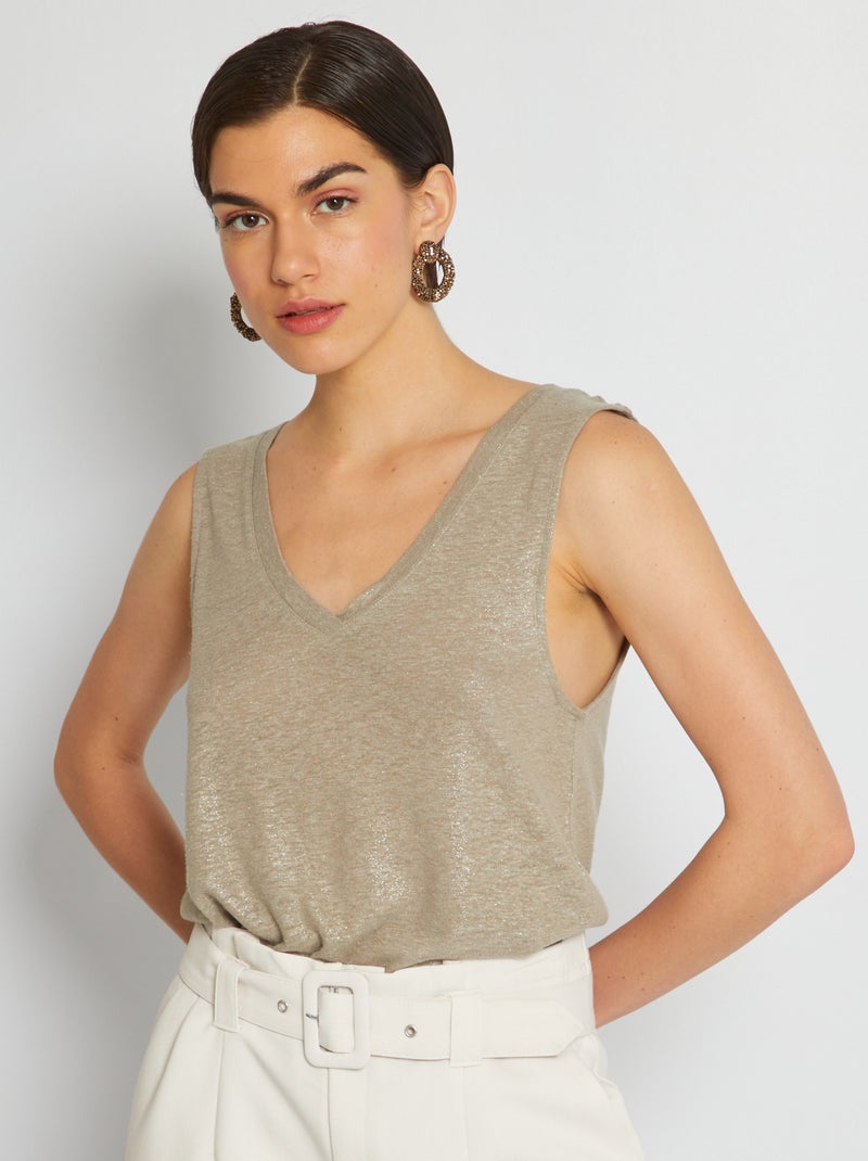Débardeur col V en lin Beige - Kiabi
