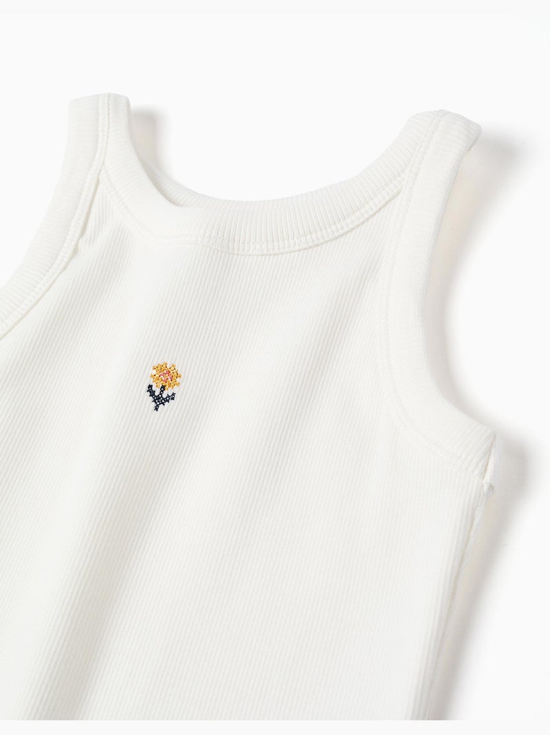 Débardeur côtelé avec fleur brodée Beige clair - Kiabi