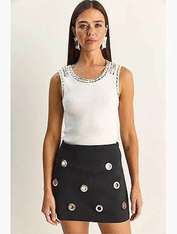 Débardeur côtelé col rond accessoire strass lucci