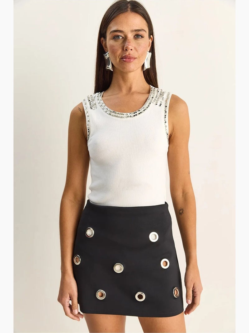 Débardeur côtelé col rond accessoire strass lucci Blanc - Kiabi