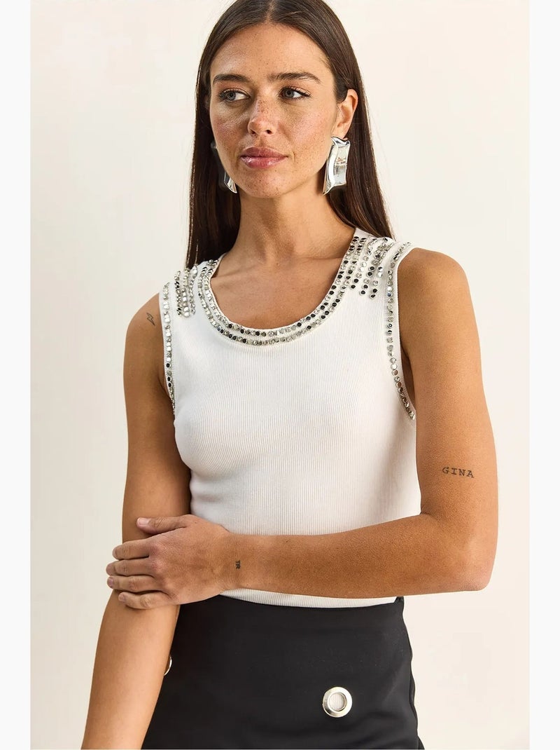 Débardeur côtelé col rond accessoire strass lucci Blanc - Kiabi