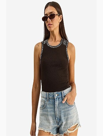 Débardeur côtelé col rond accessoire strass lucci