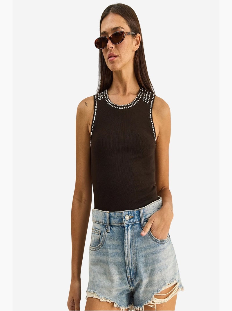 Débardeur côtelé col rond accessoire strass lucci Marron foncé - Kiabi