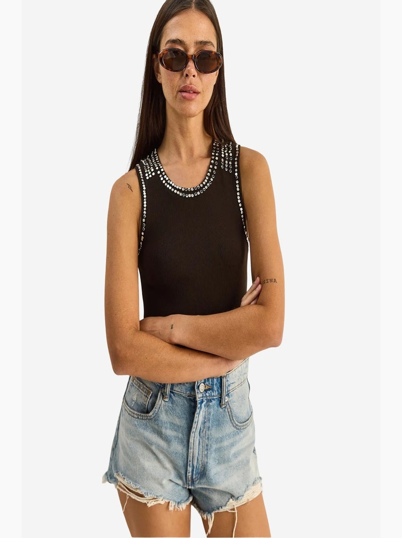 Débardeur côtelé col rond accessoire strass lucci Marron foncé - Kiabi
