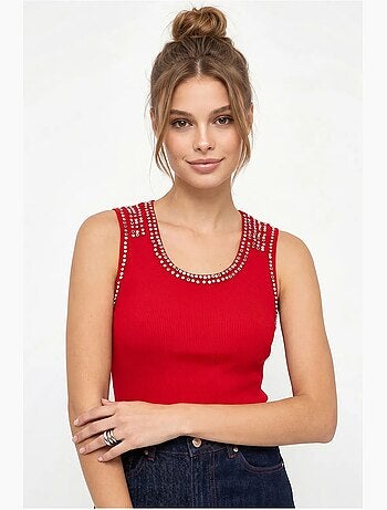 Débardeur côtelé col rond accessoire strass lucci