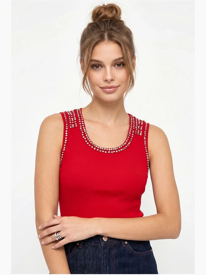 Débardeur côtelé col rond accessoire strass lucci Rouge - Kiabi