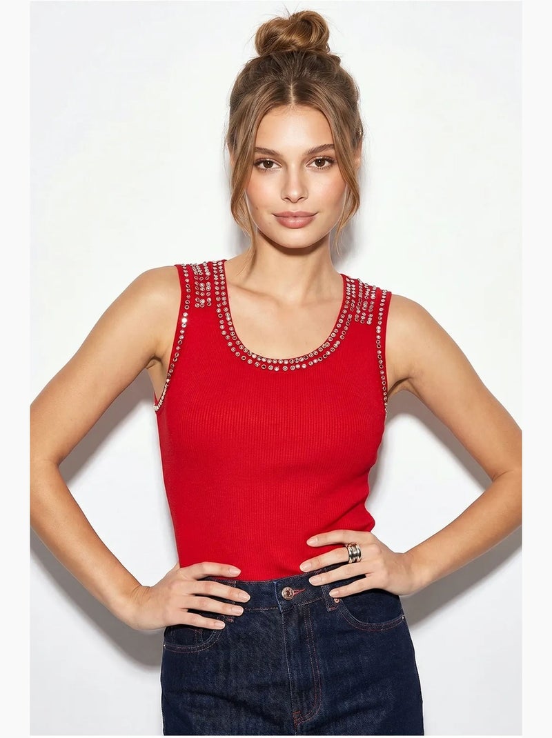Débardeur côtelé col rond accessoire strass lucci Rouge - Kiabi