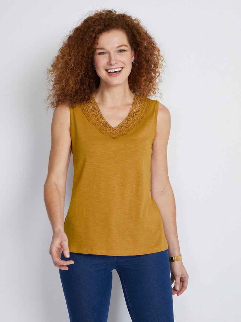 Débardeur coton et macramé Jaune - Kiabi