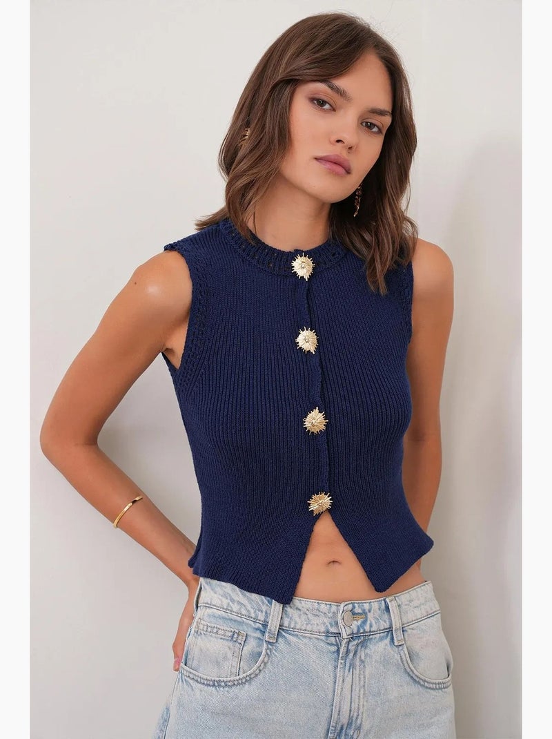 Débardeur court maille texturée boutons mixray Bleu marine - Kiabi