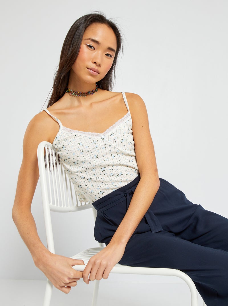 Débardeur crop maille pointelle Blanc/bleu - Kiabi