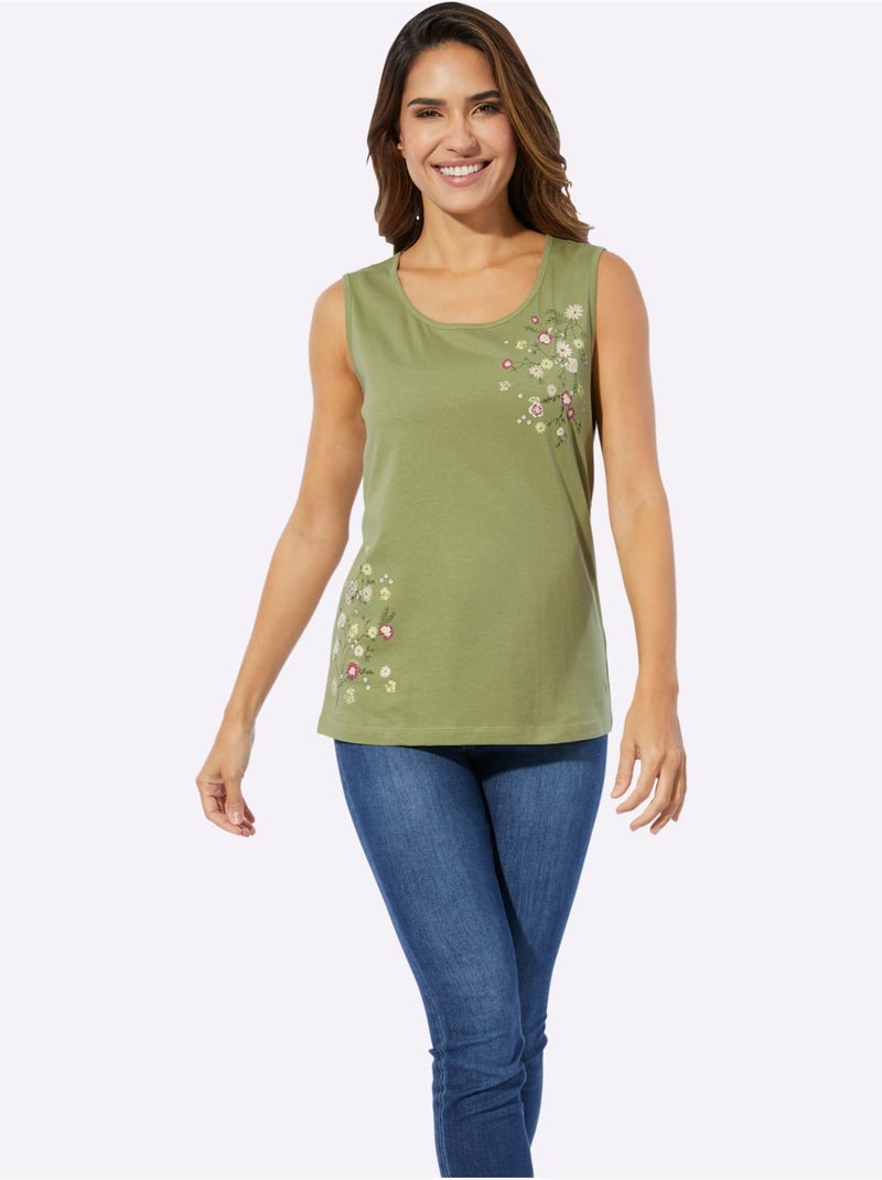 Débardeur en coton doux à encolure ronde avec motifs fleurettes - Taille standard - Moda Vilona Rose/Vert - Kiabi