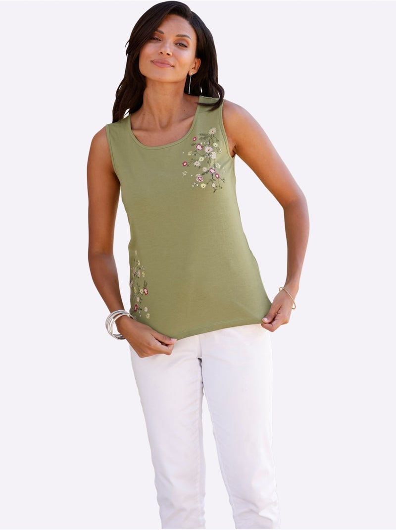 Débardeur en coton doux à encolure ronde avec motifs fleurettes - taille standard - moda vilona Rose/Vert - Kiabi