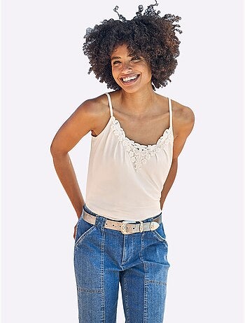 Débardeur en dentelle viscose douce à col en V bretelles fines - Taille standard - Helline