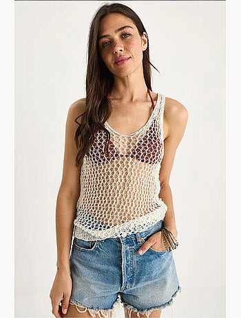 Débardeur en maille texturée col rond détail résille lucci