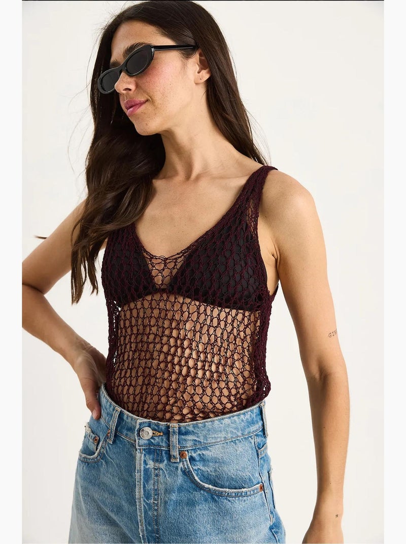 Débardeur en maille texturée col rond détail résille lucci Rouge bordeaux - Kiabi