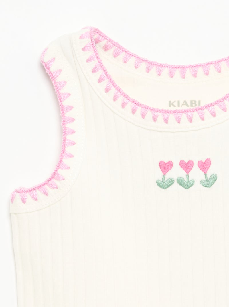 Débardeur en rib avec broderies aux emmanchures Blanc - Kiabi