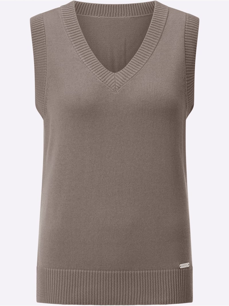 Débardeur en tricot à col V avec finitions côtelées - Taille standard - Witt Gris taupe - Kiabi