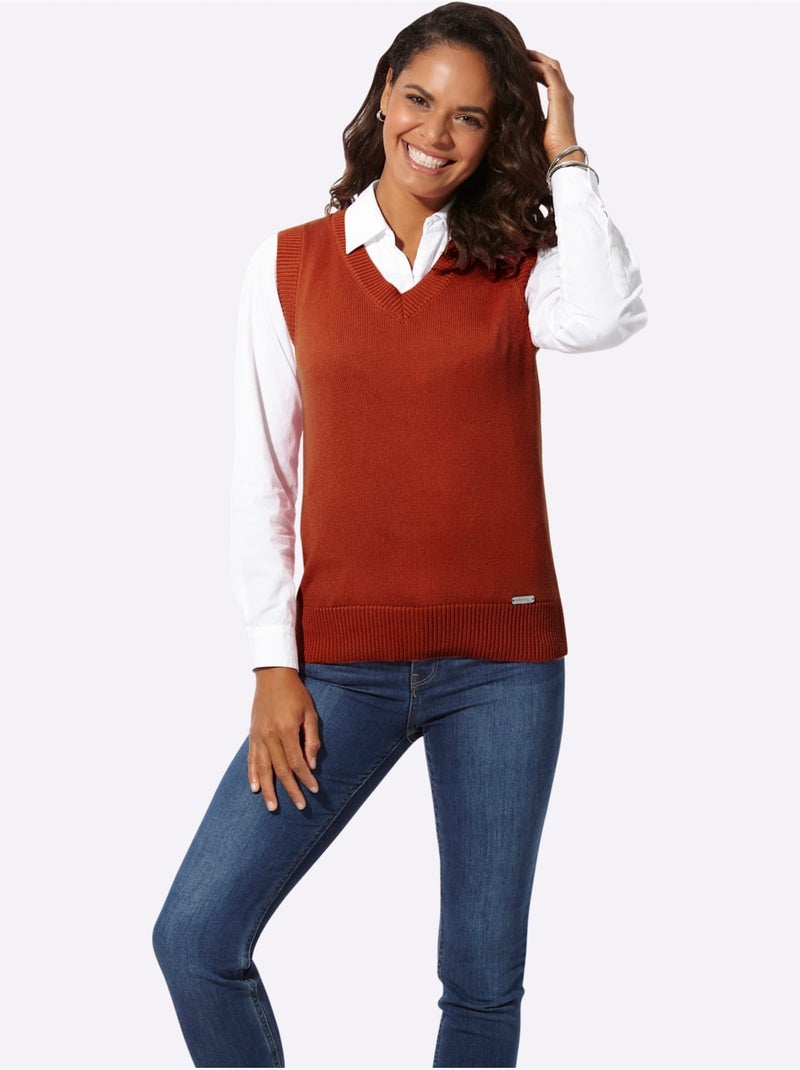 Débardeur en tricot avec col V et finitions côtelées - Taille standard - Witt Orange/Rouge - Kiabi
