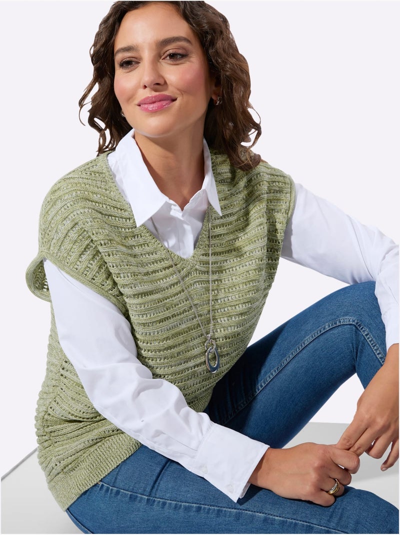 Débardeur en tricot avec col V et motif ajouré original - Taille standard - Witt Vert tilleul - Kiabi