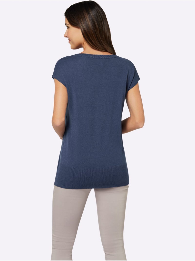 Débardeur en tricot sans manches à encolure en U avec ourlet côtelé - Taille standard - Moda Vilona Bleu jean - Kiabi