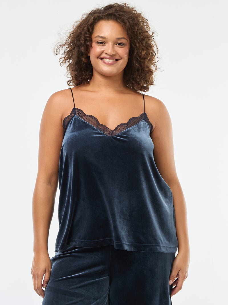 Débardeur en velours avec bord en dentelle Bleu - Kiabi
