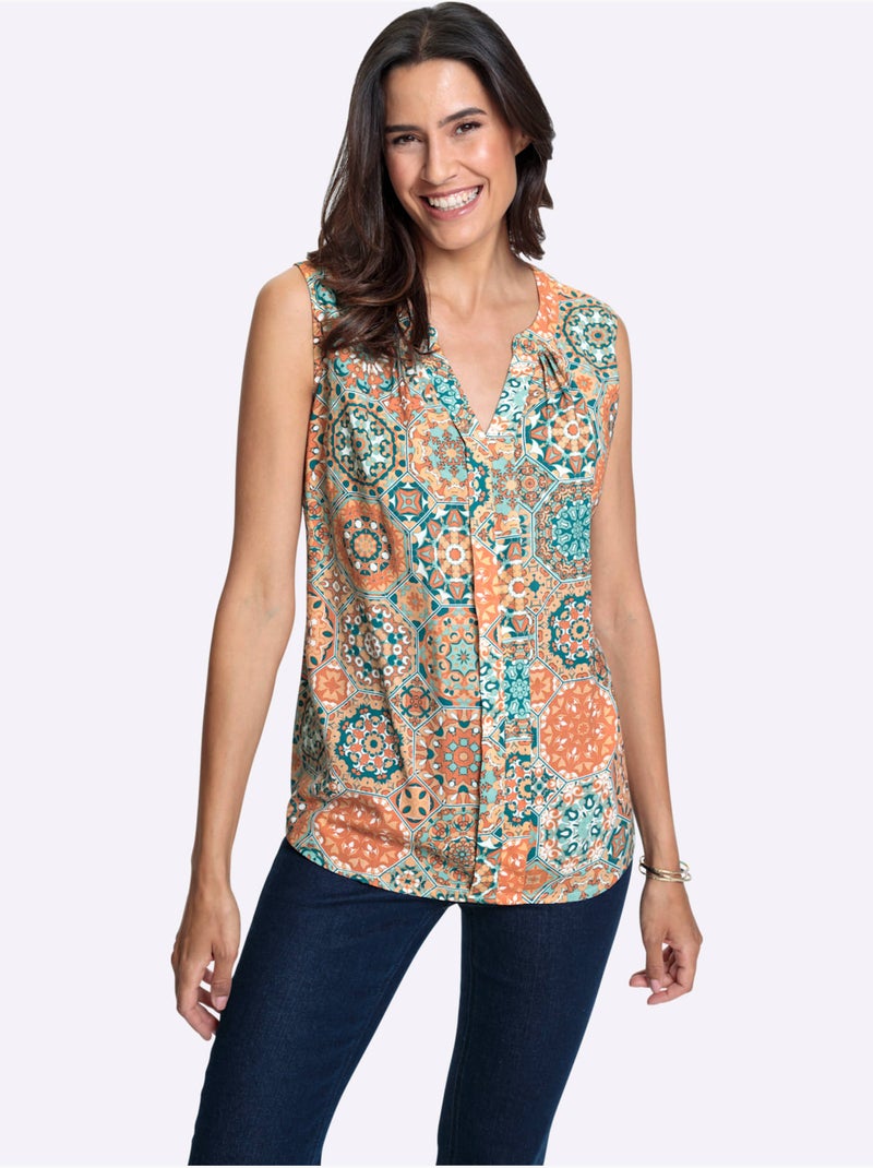 Débardeur en viscose avec col à boutons et imprimé mandala - Taille standard - Witt Abricot - Kiabi