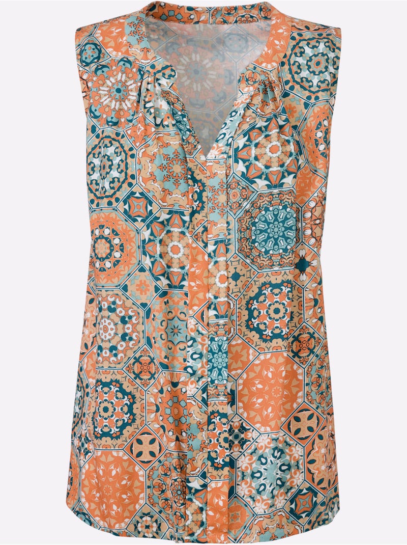 Débardeur en viscose avec col à boutons et imprimé mandala - Taille standard - Witt Abricot - Kiabi