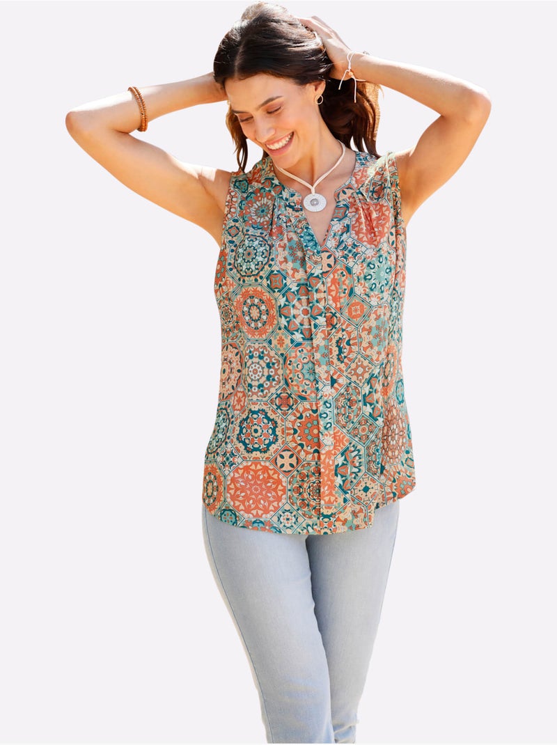 Débardeur en viscose avec col à boutons et imprimé mandala - Taille standard - Witt Abricot - Kiabi