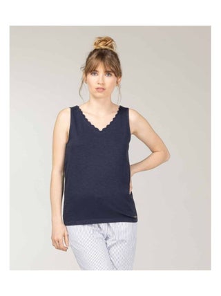 Débardeur Femme bleu marine ajouré dos broderie anglaise