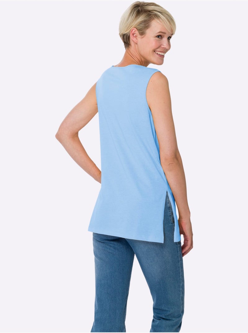 Débardeur long à col rond avec fentes latérales en matière douce - Taille standard - Moda Vilona Bleu ciel - Kiabi